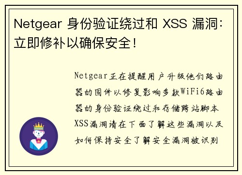 Netgear 身份验证绕过和 XSS 漏洞：立即修补以确保安全！